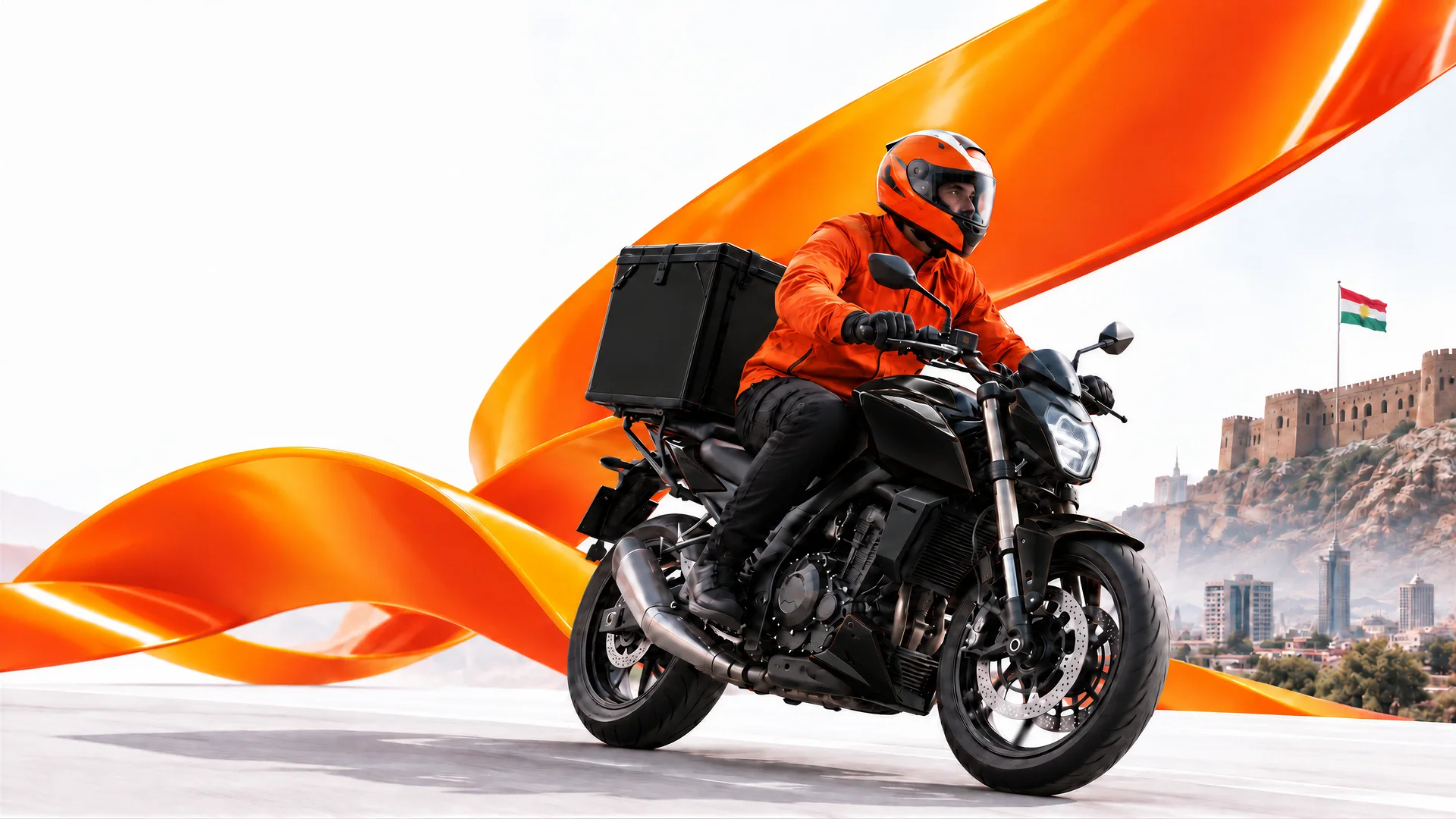A Mission delivery rider on a black motorcycle, framed by orange ribbons and the Erbil skyline.