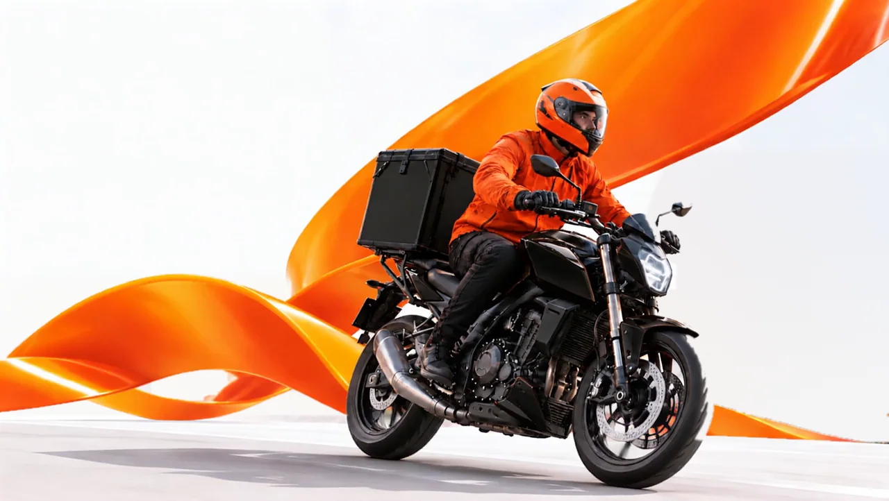A Mission delivery rider on a black motorcycle, framed by orange ribbons.
