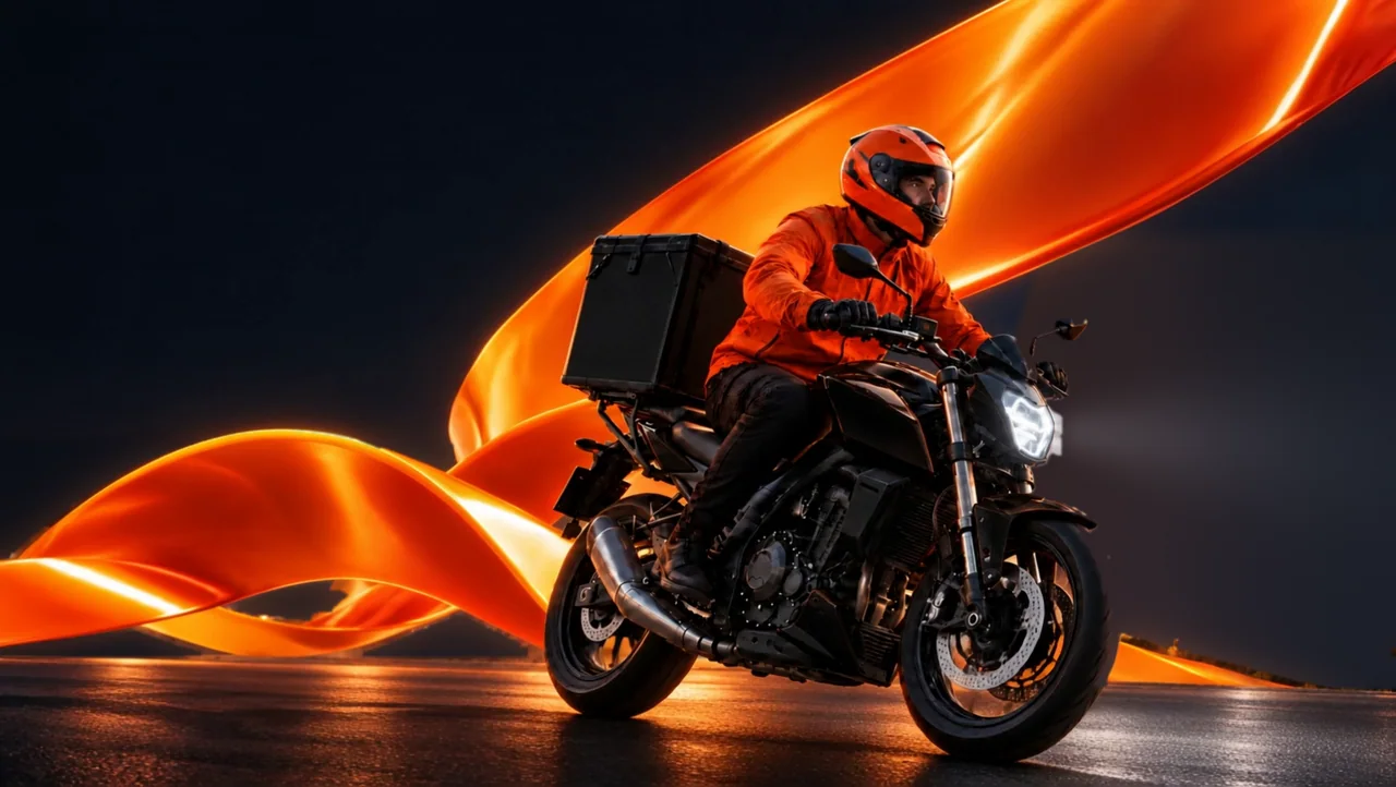 A Mission delivery rider on a black motorcycle, framed by orange ribbons.